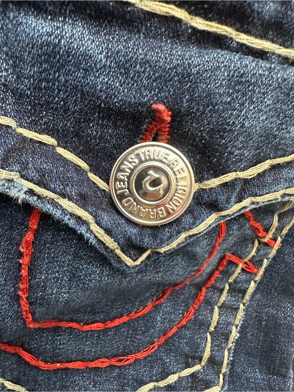 True Religion Women’s Skinny Jeans - Dark Blue with Red White Contrast Stitching - Picture 9 of 13